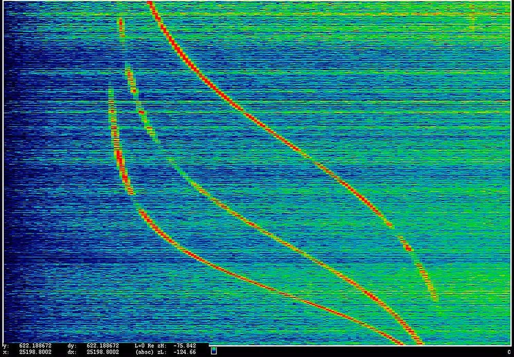 Laura Poitras, ANARCHIST: Data Feed with Doppler Tracks from a Satellite (Intercepted May 27, 2009), 2016. Pigmented inkjet print mounted on aluminum, 45 – 64 3/4 inches (114.3 – 164.5 centimeters). Courtesy the artist.