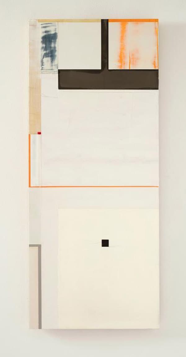 Joan Waltemath. what happens (west 1 1,2,3,5,8...), 2010- 2016. Oil, graphite, bronze, lead, phosphorescent and fluorescent pigment on honeycomb aluminum panel. 37 x 15 9/16 inches.