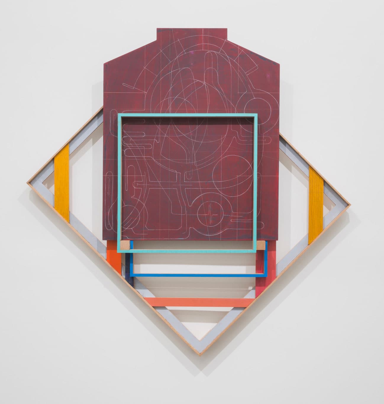 Andrew Lyght, Painting Structures P330, 2018–19. Red oak, paint stick, acrylic, Prismacolor pencil, plywood, nylon cord, 56 x 56 x 5 1/2 inches. © Andrew Lyght. Courtesy Anna Zorina Gallery, New York City.