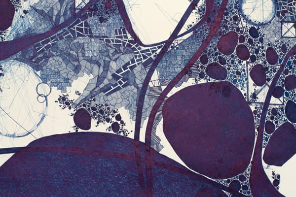 Derek Lerner, detail of "Asvirus 54," 2014. Ink on paper. 59 × 98 ̋. Courtesy of Robert Henry Contemporary.