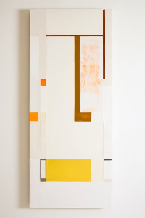 "lit before noon," 2009–12. Oil, pewter, and florescent pigment on honeycomb aluminum panel, 39 1/4 " x 16 1/4".