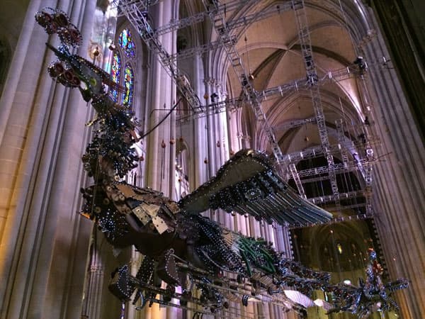 Xu Bing, Installation view: Phoenix (2008 �? 10), The Cathedral of St. John the Divine. Construction tools and debris, LED lights; dimensions variable. Photo: Jesse Robert Coffino.