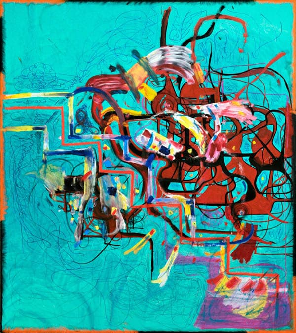 Joanne Greenbaum, "Untitled," 2014. Oil, ink, and crayon on canvas, 90 × 80 ̋. Photo credit: courtesy of the artist and Rachel Uffner Gallery.