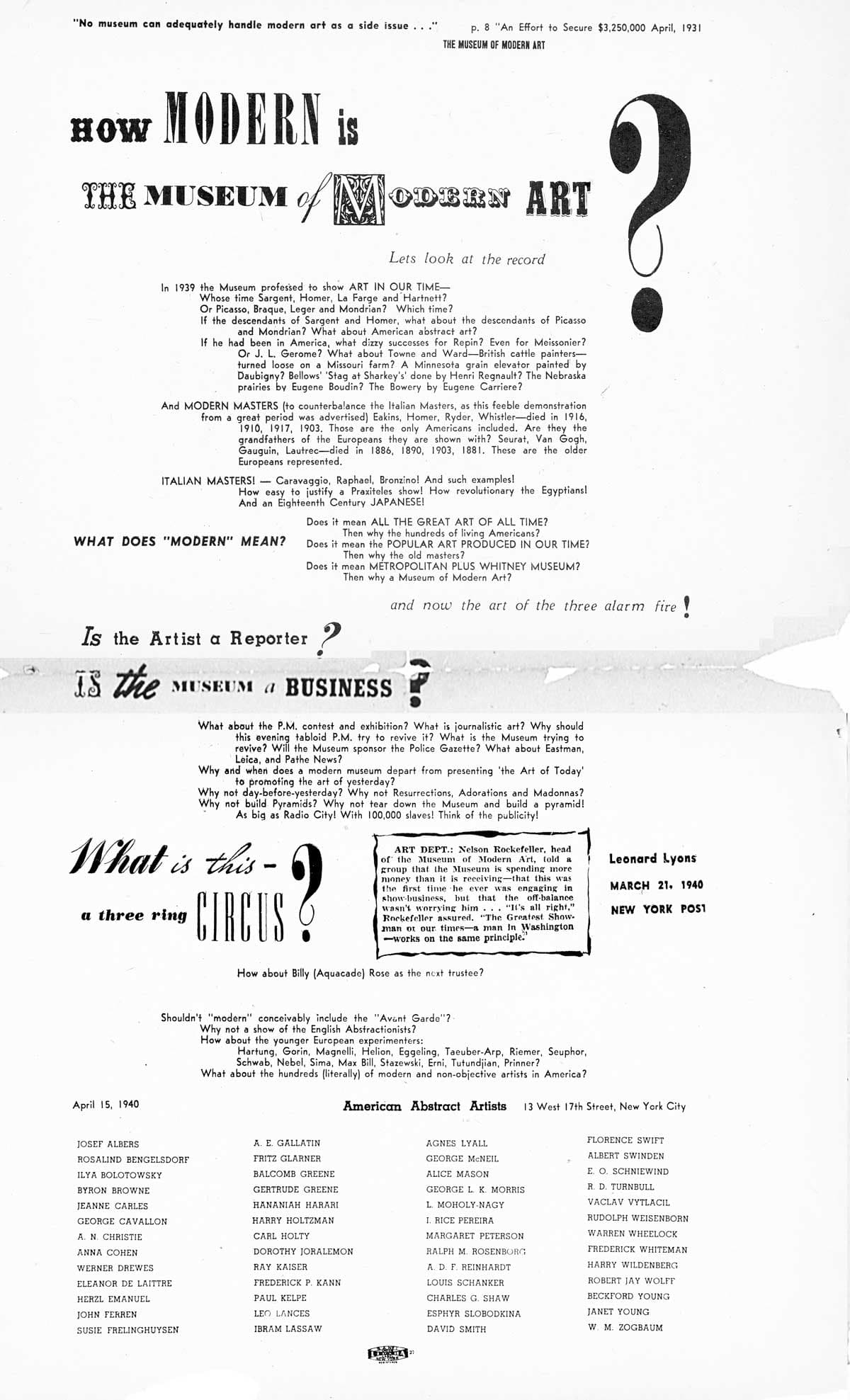 American Abstract Artists protest leaflet, 1940. Courtesy the Ad Reinhardt Foundation.