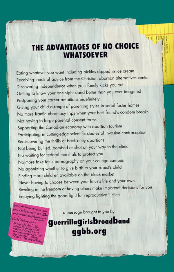 Guerrilla Girls BroadBand "The Advantages of No Choice Whatsoever" (2009 – 10). Courtesy of the artists.