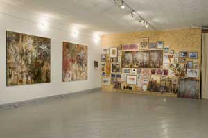 Installation view Layered Days Jos© Parl¡ at Christina Grajales, Inc. Left "Taganga, Colombia" 2008, 6'x6', oil, acrylic, ink, enamel, collage, polyurethane, and plaster on canvas. Right: "All City Din", 2008 6' x 6', oil, acrylic, ink, enamel, and plaster on canvas