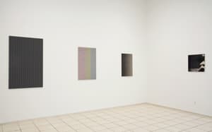 Installation view of RH Quaytman's Chapter 12: iamb (from left to right): #6. Chapter 12: iamb, (lateral inhibitions in the perceptual field), 2008. Silkscreen, gesso on wood, 52 3/8 x 32 3/8 inches (133 x 82.2 cm); #7. Chapter 12: iamb, 2008. Silkscreen, gesso on wood, 40 x 24 ¾ inches (101.6 x 63 cm); #8. Chapter 12: iamb, 2008. Silkscreen, gesso on wood, 32 3/8 x 20 inches (82.2 x 51 cm);# 9. Chapter 12: iamb (blind smile), 2008. Silkscreen, gesso on wood 20 x 20 inches.