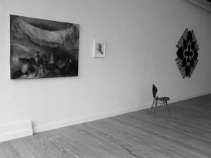 From left to right: Hyman Bloom, "Stillife with Pink Coat," 2009, oil on canvas, 40"Â x 52", courtesy of the artist; Louise Bourgeois, "My Hand," 2008, lithograph on fabric, 8" x 9 1/2", courtesy of Judith Solodkin; Claude Lalanne, "Mobilierginko," 2007, bronze edition #4 of 8, courtesy of Paul Kasmin Gallery; Jack Youngerman, "Crucifie," 2008, oil on wood, 69 1/2" x 69 1/2", courtesy of Joan Washburn Gallery.