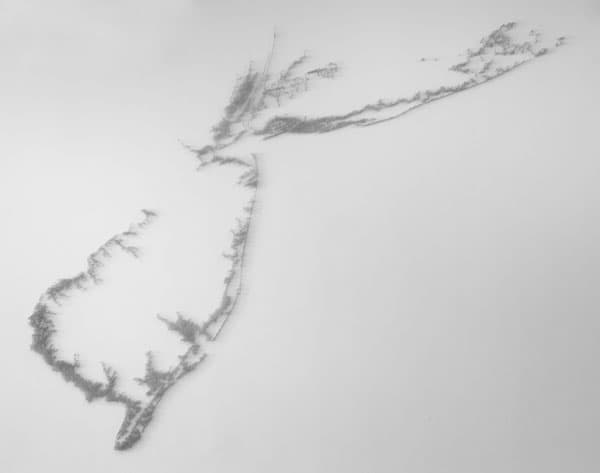 Maya Lin, "Pin River – Sandy," 2013. Steel pins, 9' 6" x 10' x 1-1/2". Photo courtesy Pace Gallery. © Maya Lin Studio, courtesy Pace Gallery.