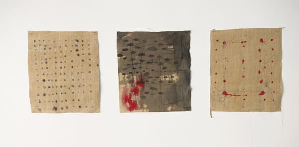 Suzanne Goldenberg, Note to Self, # 1,4,7, 2015. Ink and thread on linen, 12 × 12 inches.
Courtesy Gallery Molly Krom.