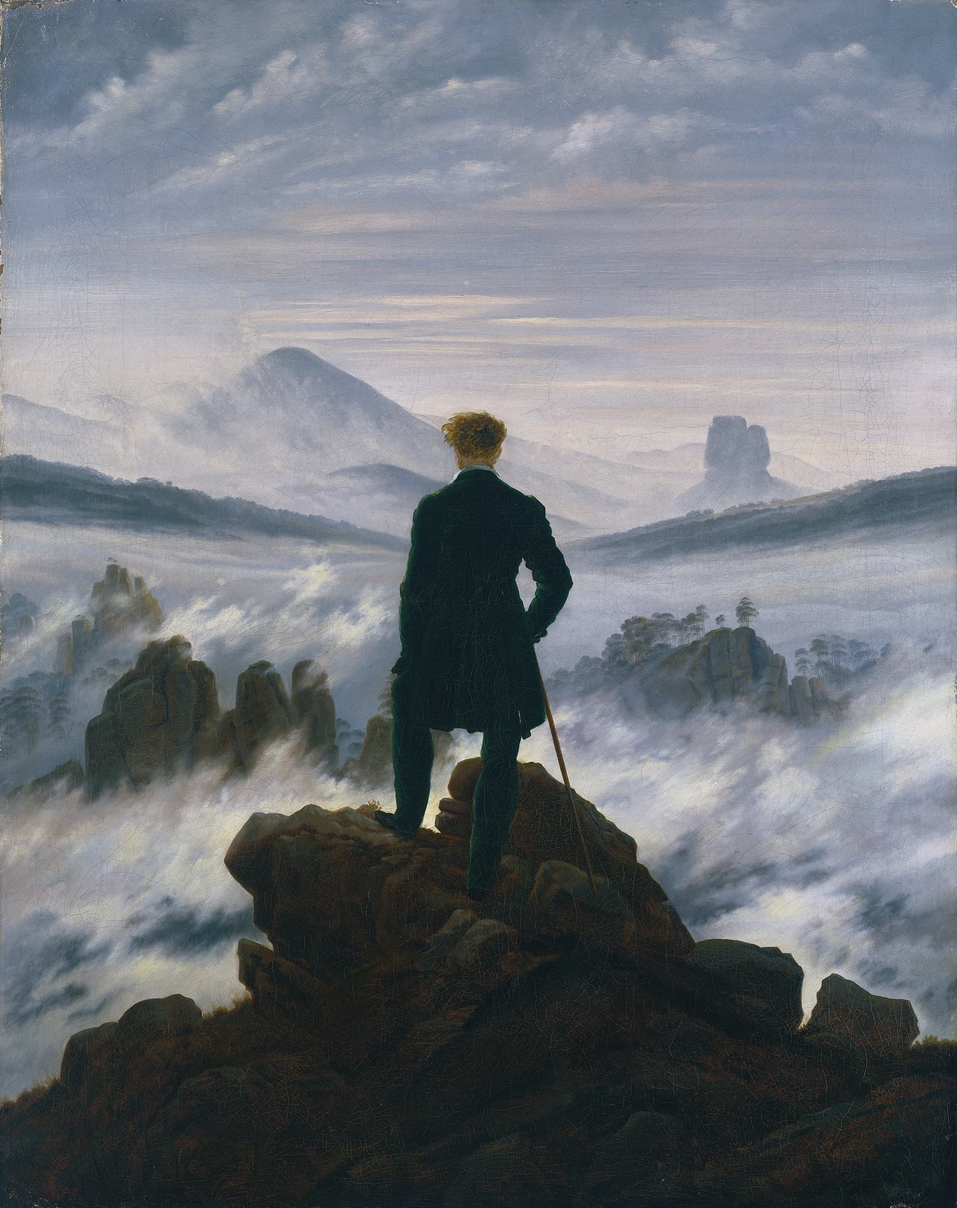 Caspar David Friedrich, Wanderer above the Sea of Fog, ca. 1817. Oil on canvas, 37 3/8 × 29 1/2 inches. Courtesy Hamburger Kunsthalle and the Met. Photo: Elke Walford.